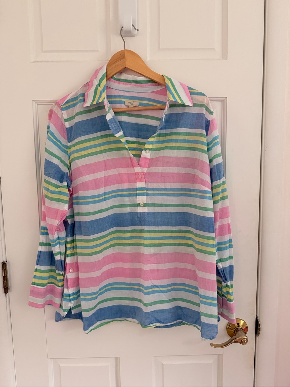 Talbots Pastel Stripe Button-Front Collared Shirt — Pink, Blue, Green